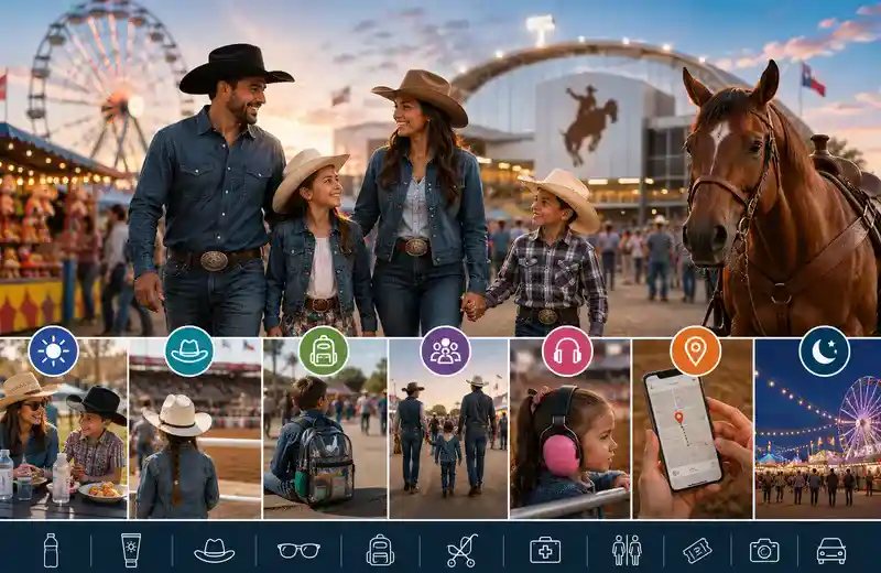 Family visiting the Houston Rodeo at NRG Park featuring carnival rides, rodeo attractions, western activities, and family-friendly entertainment in Houston, Texas.